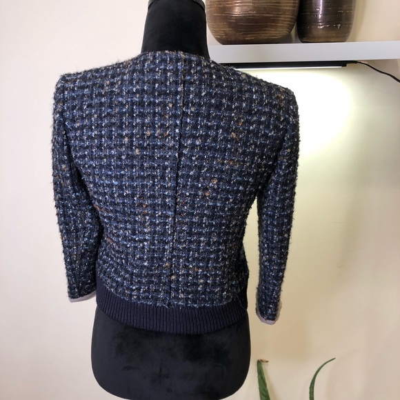 Ann Taylor LOFT Navy Tweed Wool Bomber Jacket Blazer Silver Chain Detail XSP - Picture 9 of 9